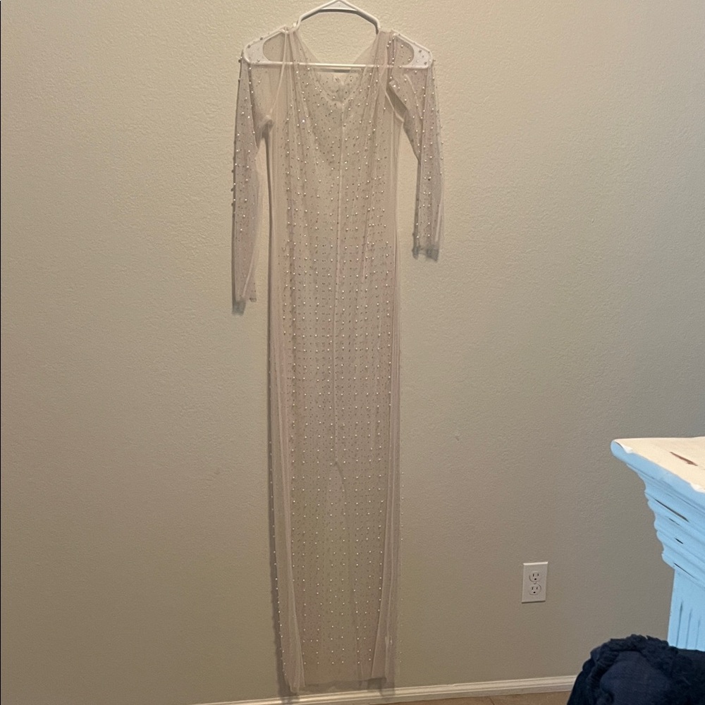 Amazon Cream Long Sleeve Beaded Dress